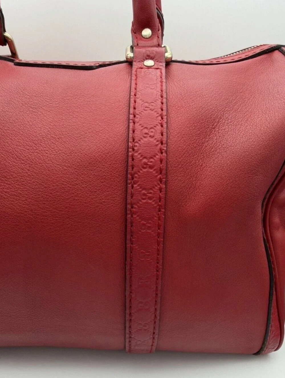 ❤️ Authentic Gucci Red Joy Boston Bag Guccissima Vertical Leather Trim GG Strap